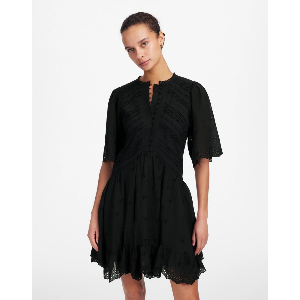 Madewell Eyelet Flutter Sleeve Mini Dress Cotton Black Size 00 Boho Preppy NU556